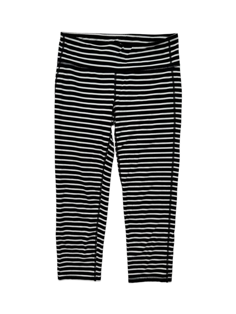 ATHLETA Chaturanga Crop Leggings in Black White Stripe Size Medium Tall #243095